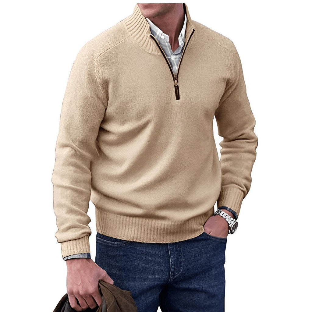 Men's quarter-zip knitted sweater with mock neck and ribbed trims