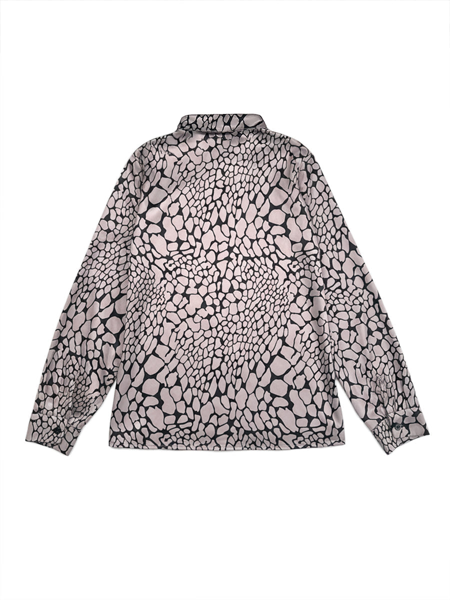 Women's grey and black snakeskin print blouse with lapel collar and long sleeves