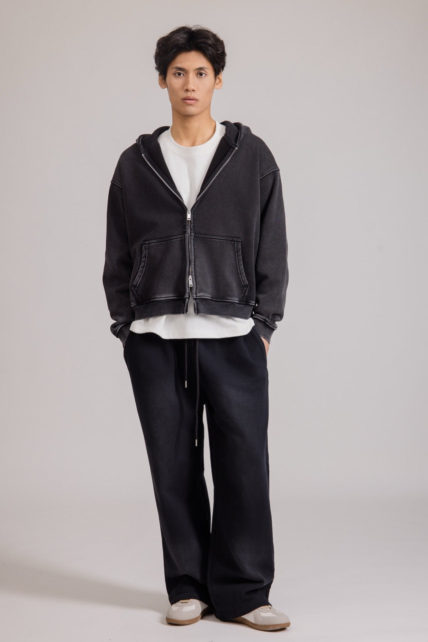 Men's black zip-up hoodie jacket with front pockets and vintage finish