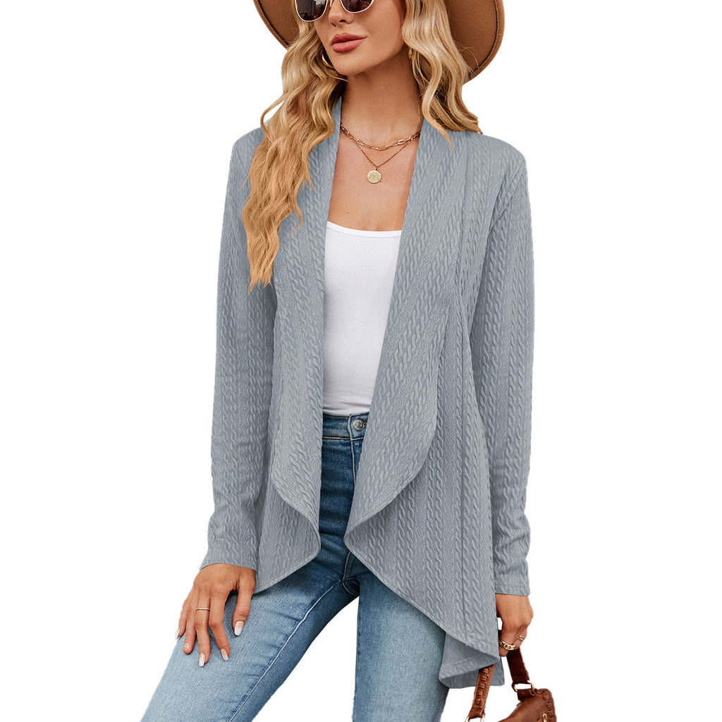 Women's open front textured cable cardigan with long sleeves and draped front panels