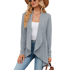 Women's open front textured cable cardigan with long sleeves and draped front panels