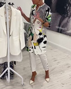 Women's grey long blouse with illustrated character print, stand collar and button front