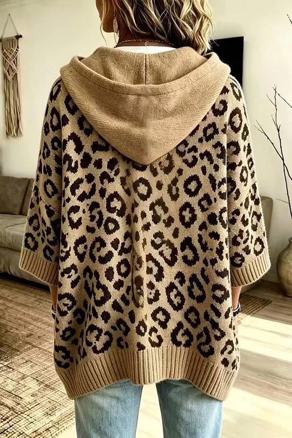 Women's leopard print hooded sweater with three-quarter sleeves