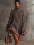 Women's brown turtleneck mini dress with long sleeves and ruffled hem