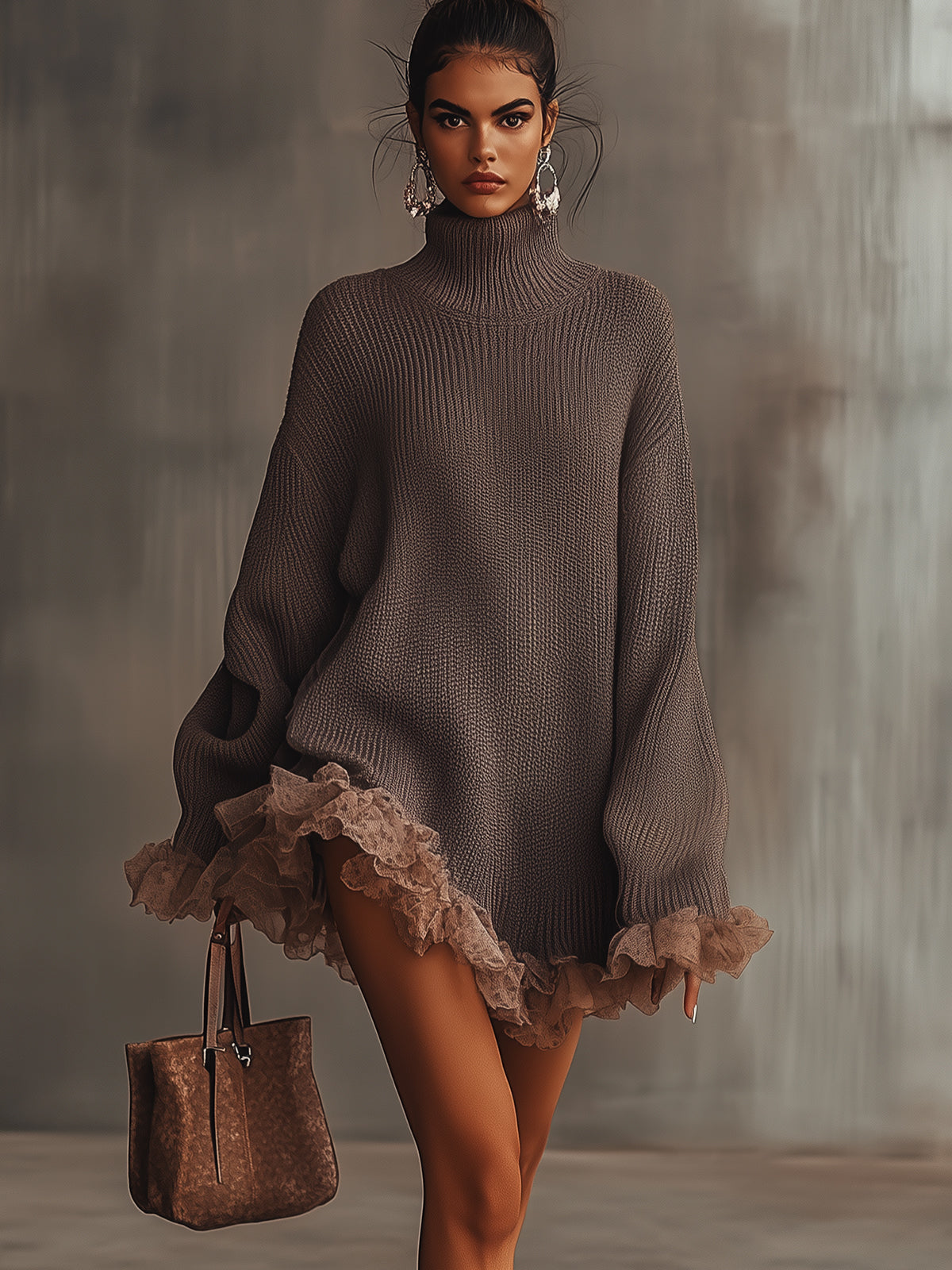 Women's brown turtleneck mini dress with long sleeves and ruffled hem