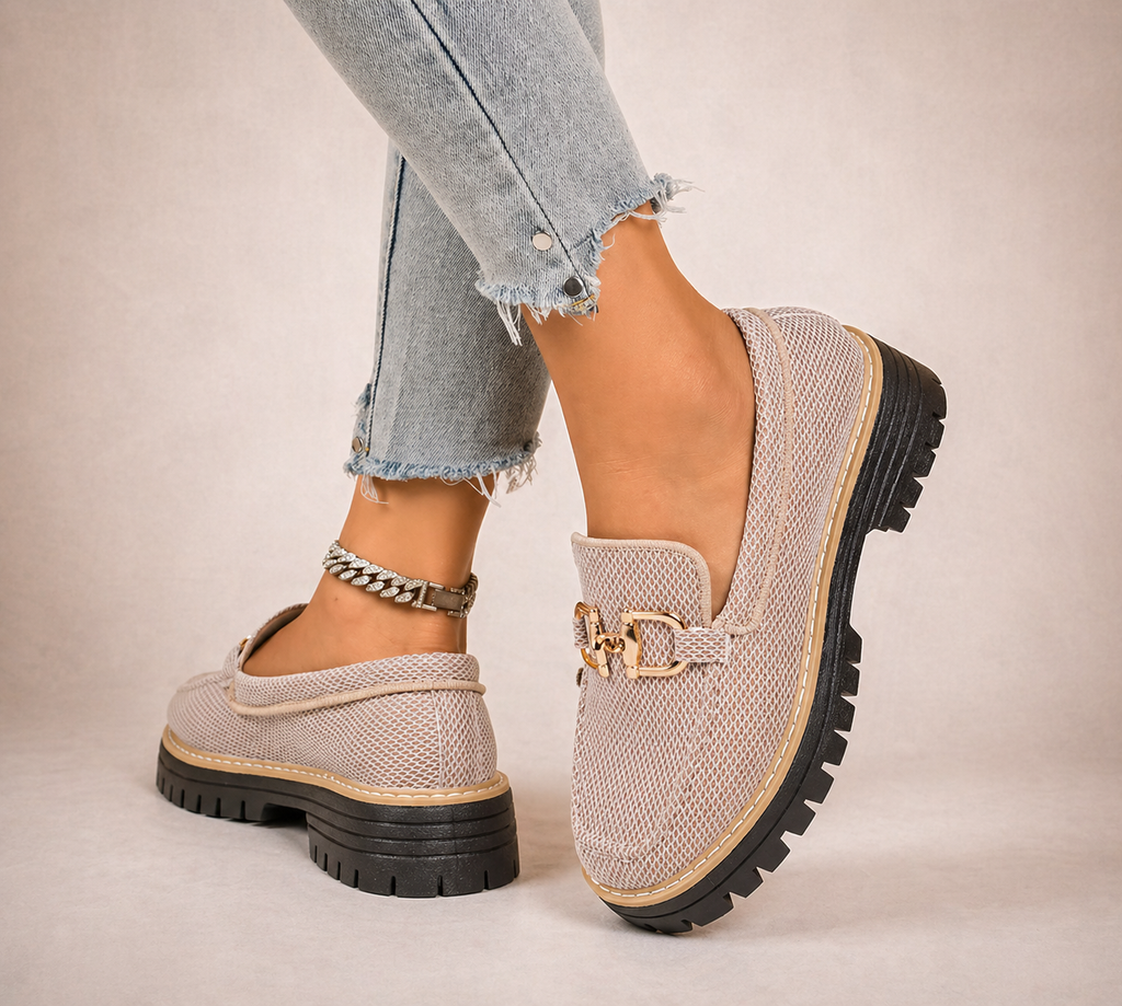 Women's beige mesh loafers with gold horsebit detail and chunky black lug soles
