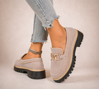 Women's beige mesh loafers with gold horsebit detail and chunky black lug soles