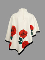 Women's floral cape outfit set with red roses and wide-leg trousers