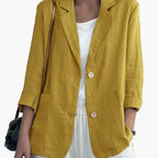Women's navy blazer with notched lapels and front buttons