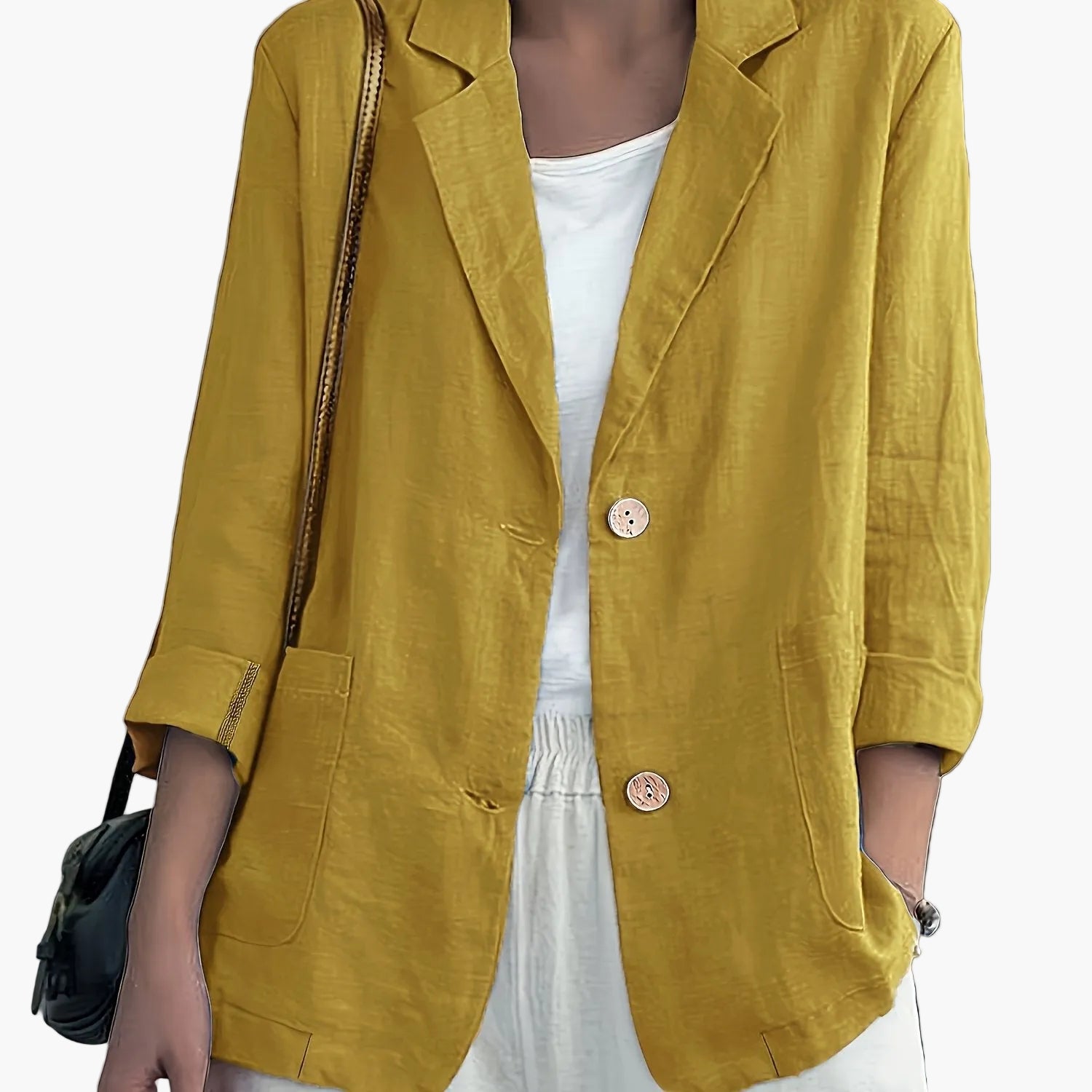 Women's navy blazer with notched lapels and front buttons