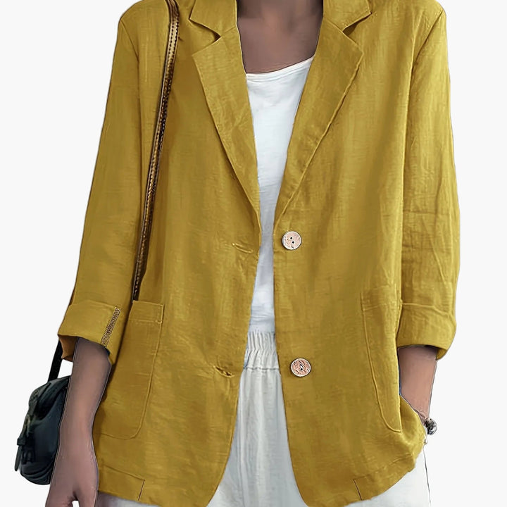Women's navy blazer with notched lapels and front buttons