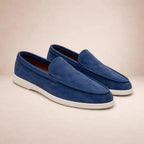 Men's slip-on moc toe loafers with flat white soles