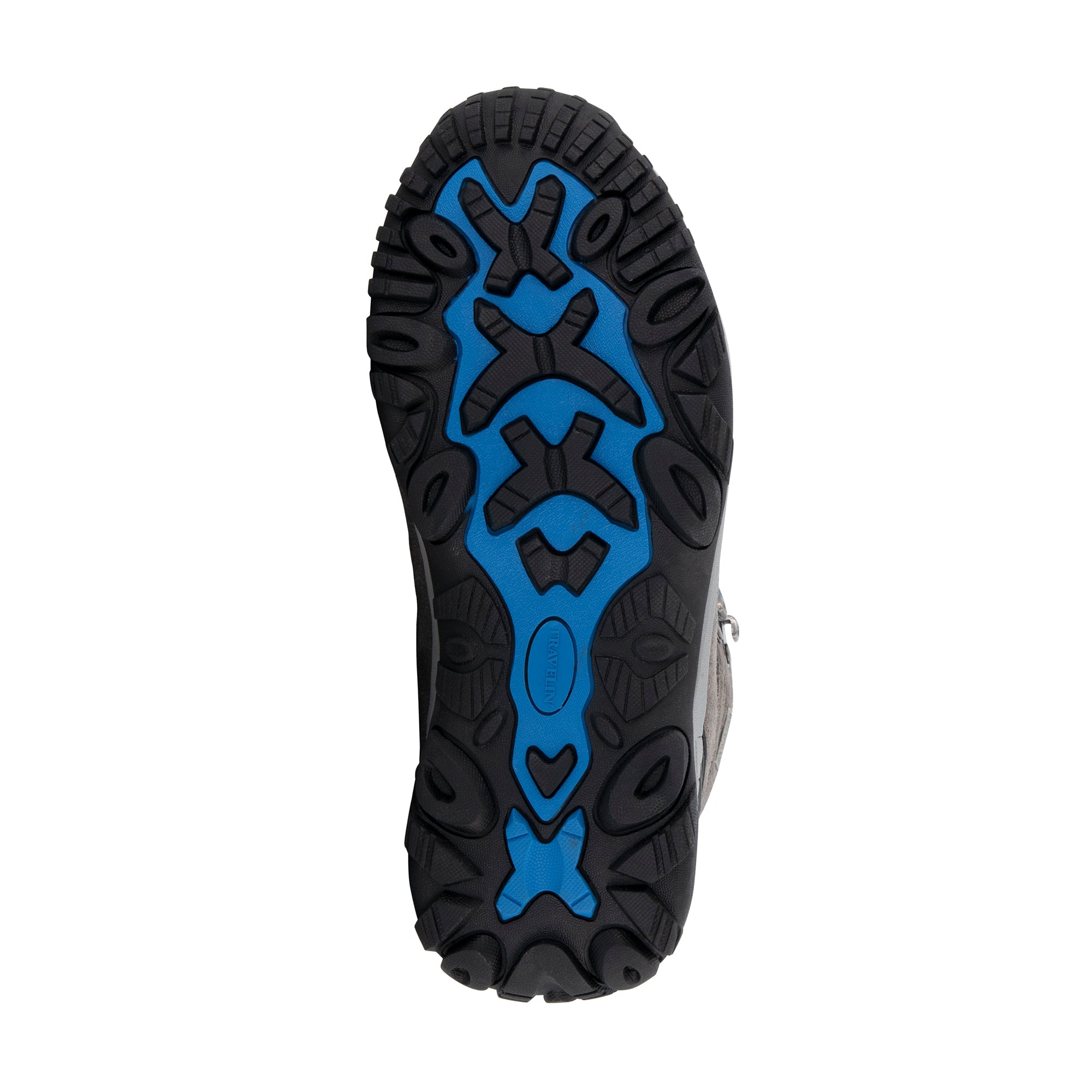 Grey lace-up hiking boots with blue accents and lugged soles