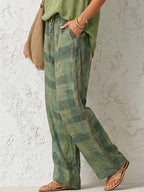 Women's green plaid high-waisted wide-leg trousers