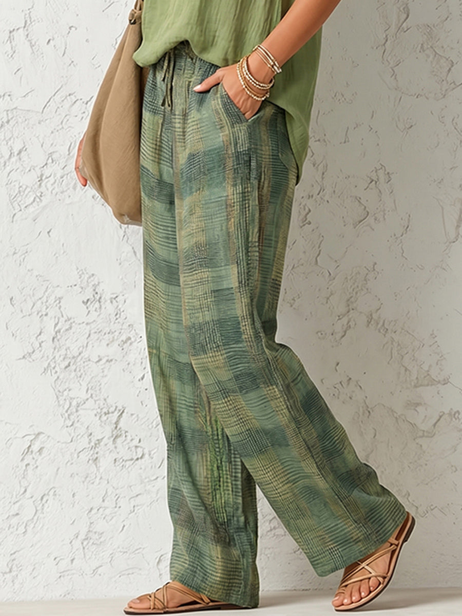 Women's green plaid high-waisted wide-leg trousers