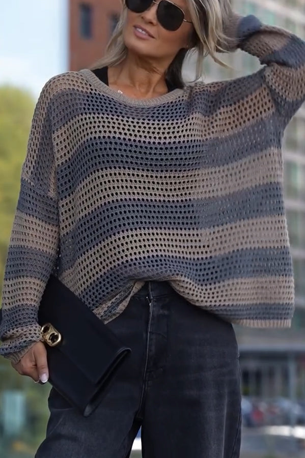 Women's striped open-knit sweater with crew neckline and long sleeves
