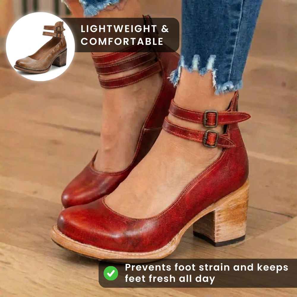 Women's ankle strap shoes with double buckles and a high block heel