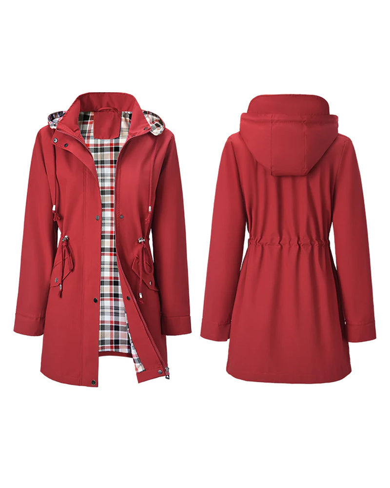 Women's long hooded coat with checked lining, zip front and drawstring waist