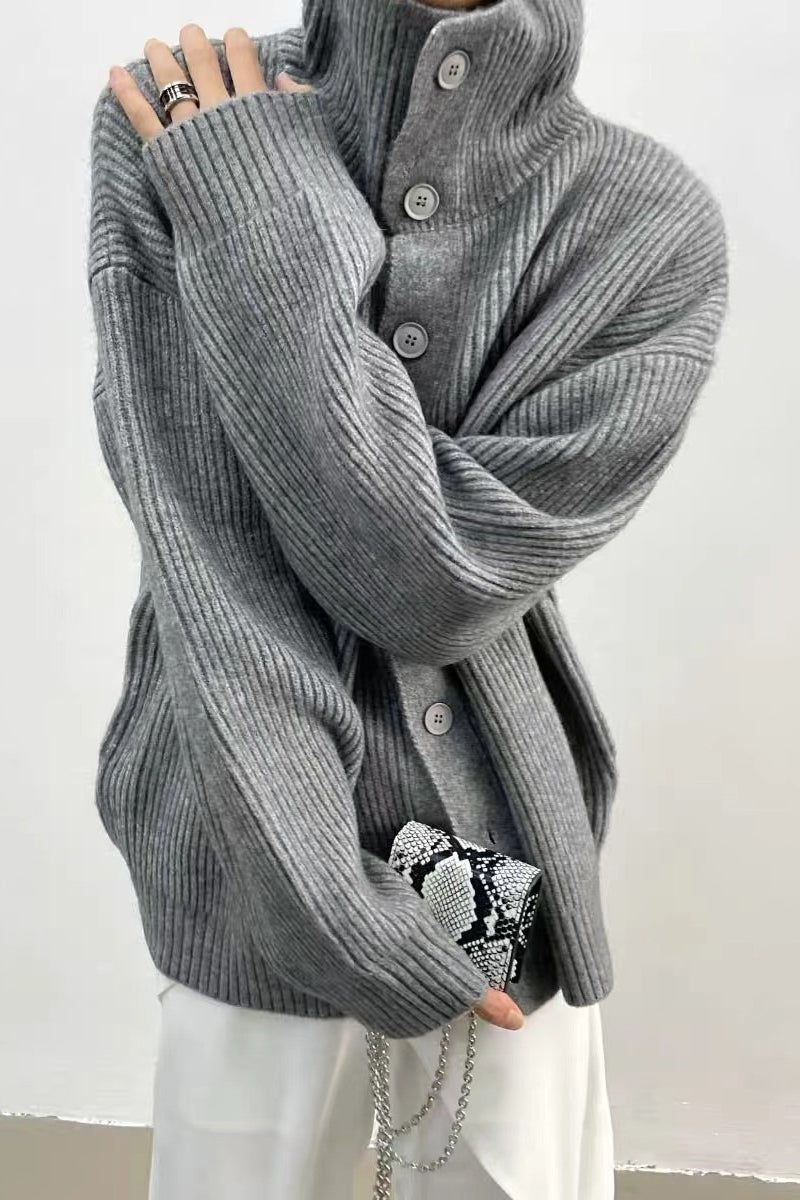 Women's ribbed button-front cardigan with mock neck and long sleeves