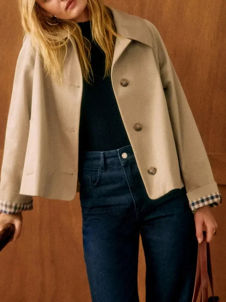 Women's beige cropped trench jacket with checked cuffs