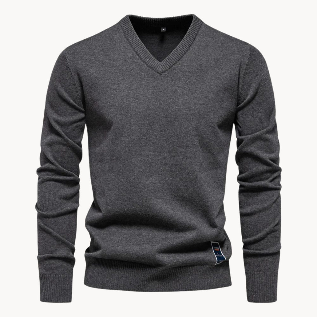 Men's long-sleeve V-neck sweater with ribbed trims