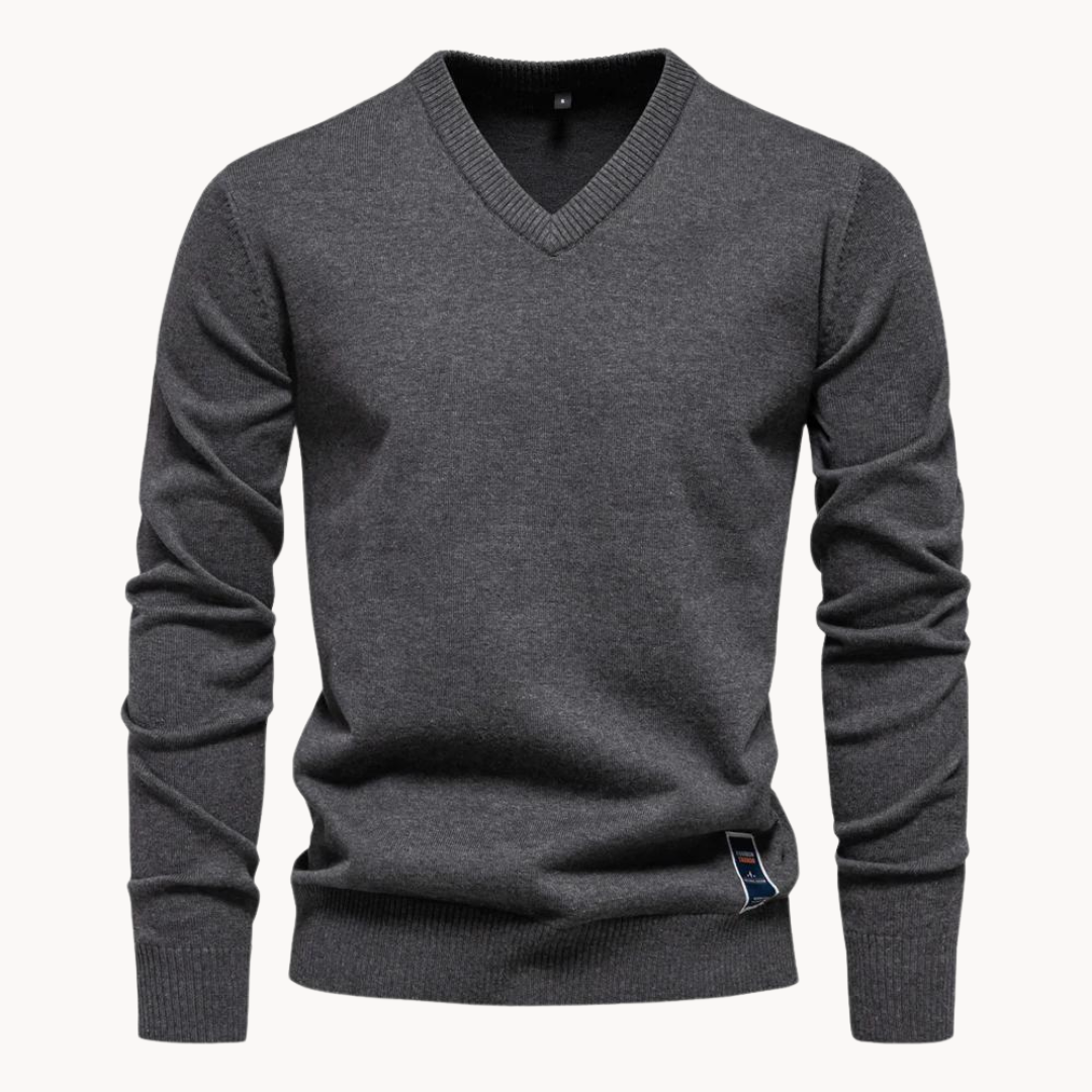Men's long-sleeve V-neck sweater with ribbed trims