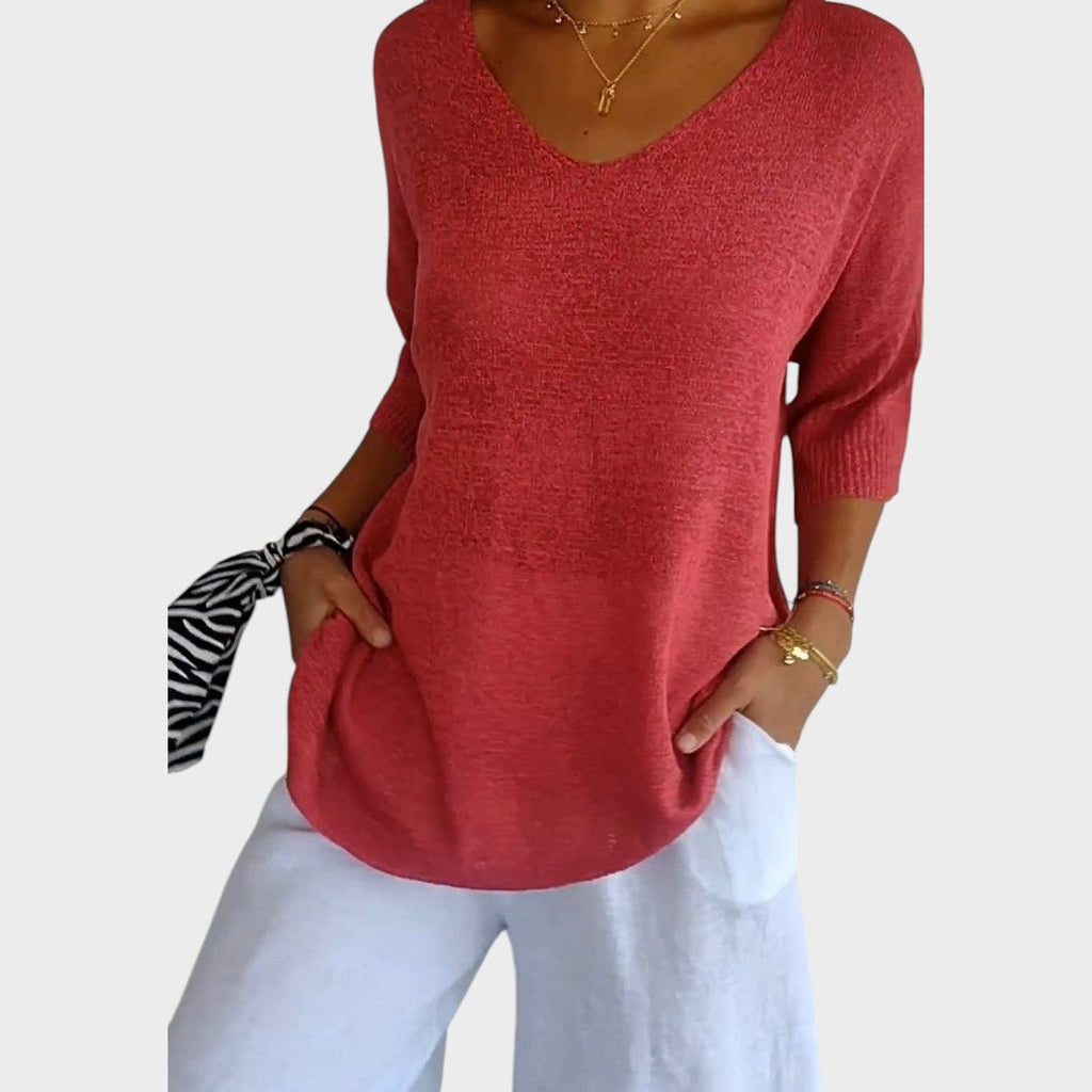 Women's V-neck jumper with three-quarter sleeves and ribbed trims