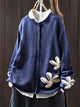 Women's navy floral knit cardigan with button front and long sleeves