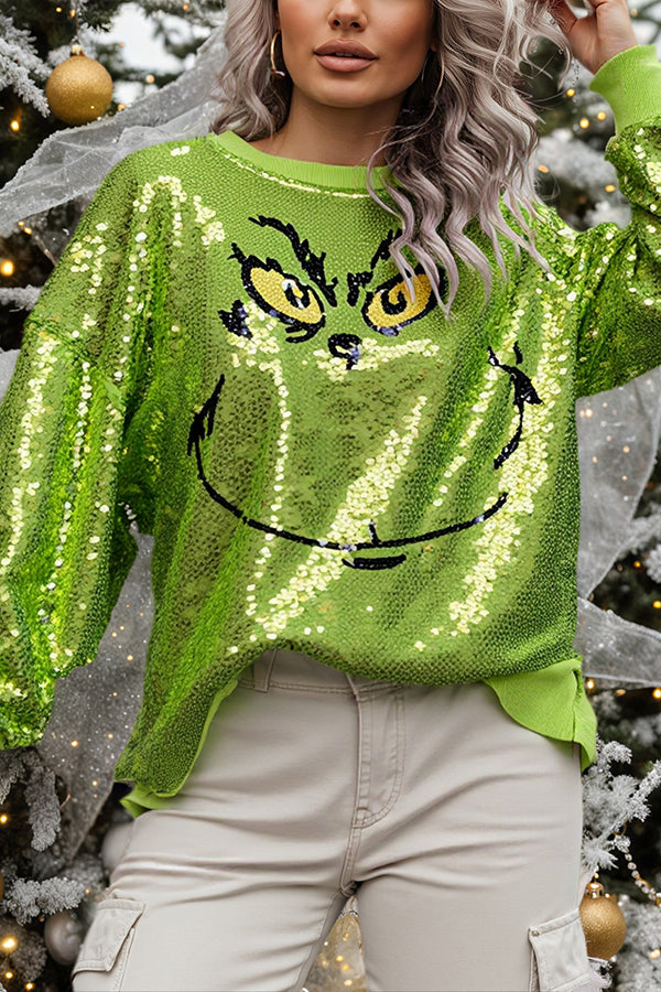 Women's bright green Grinch face sequin jumper with long sleeves