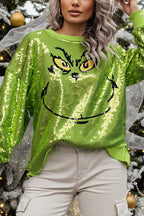 Women's bright green Grinch face sequin jumper with long sleeves