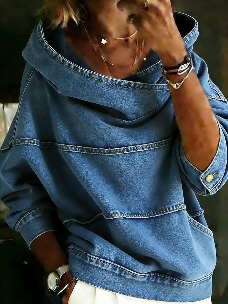 Women's blue hooded sweatshirt with long sleeves, panel seams and front kangaroo pocket