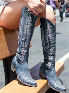 Women's knee-high Western cowboy boots with embroidered shafts
