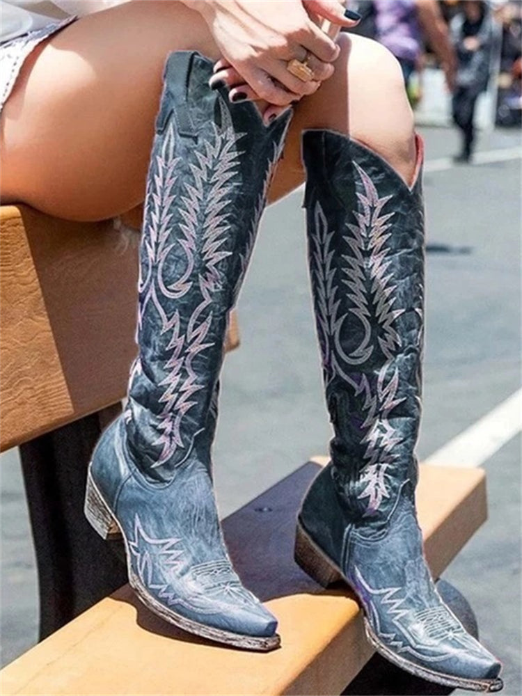 Women's knee-high Western cowboy boots with embroidered shafts