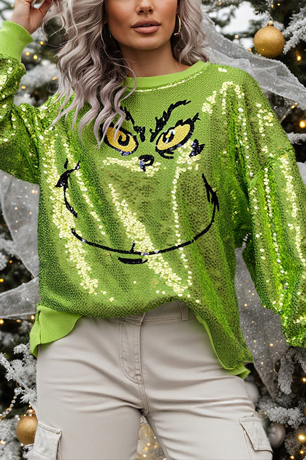 Women's bright green Grinch face sequin jumper with long sleeves