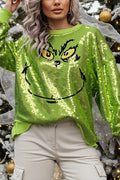 Women's bright green Grinch face sequin jumper with long sleeves
