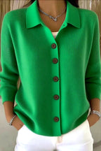 Women's plain knit cardigan with shirt collar, long sleeves and button front