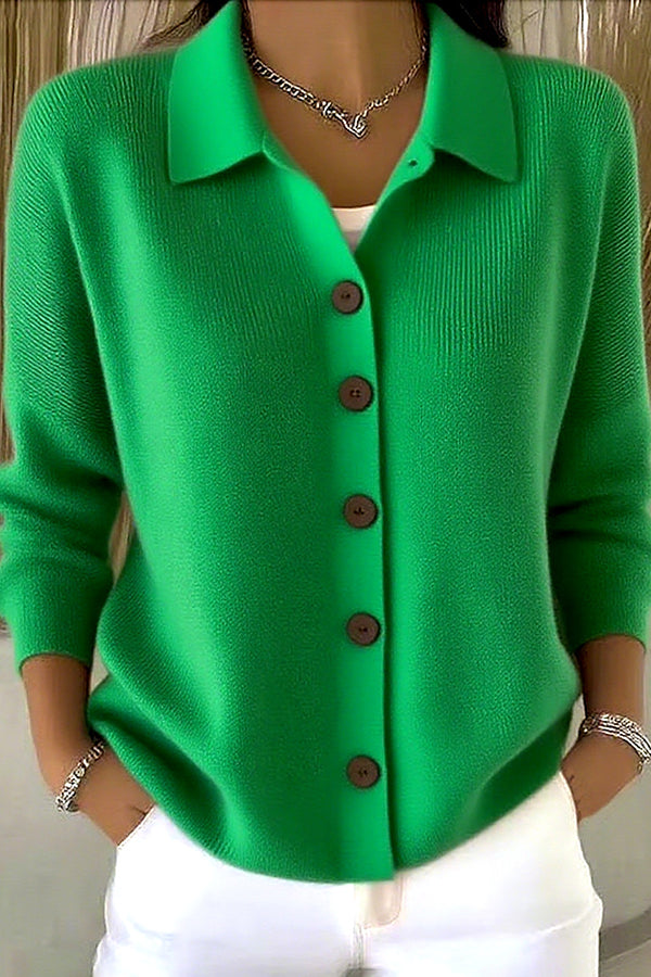 Women's plain knit cardigan with shirt collar, long sleeves and button front