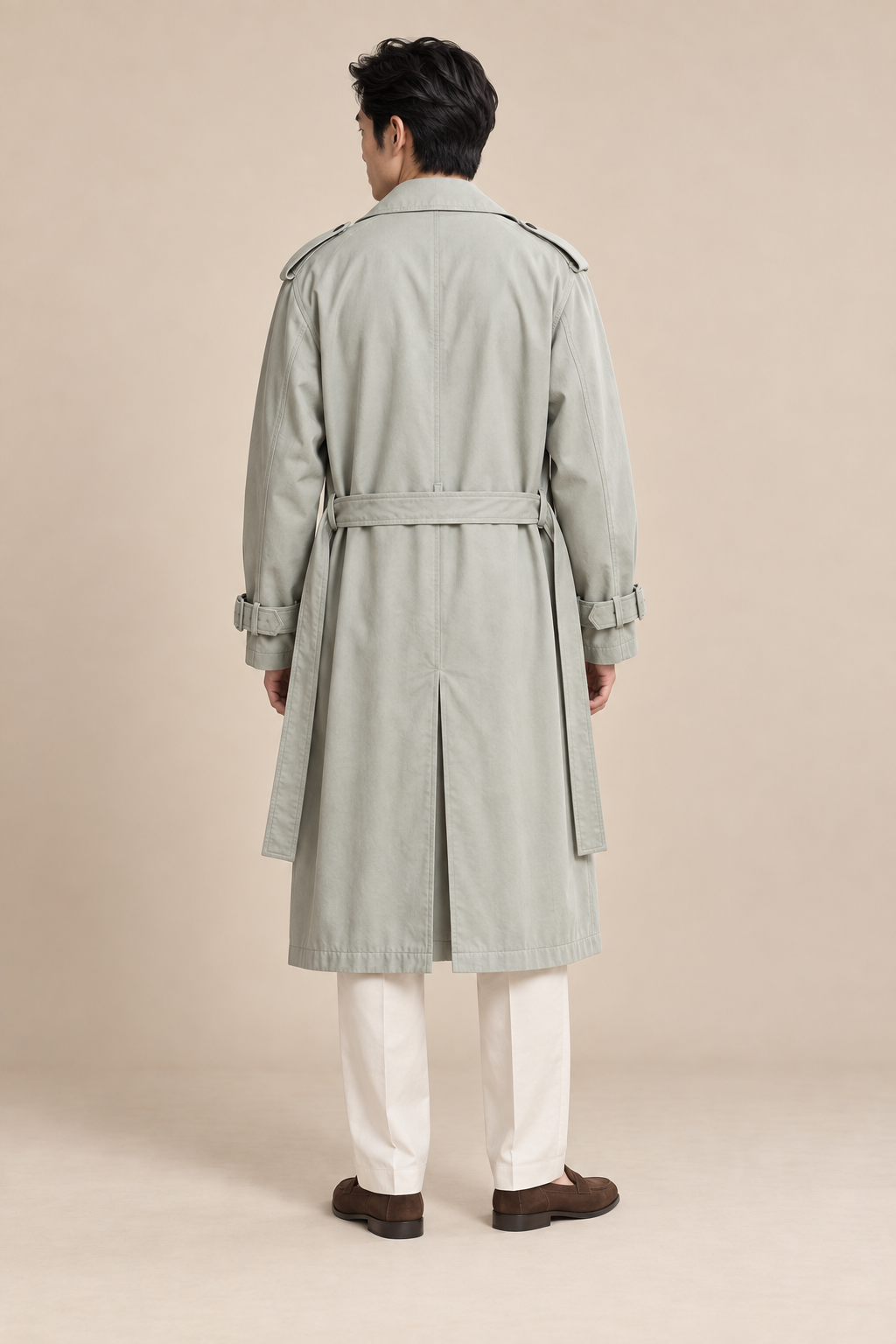 Men's double-breasted trench coat with a waist belt and epaulettes