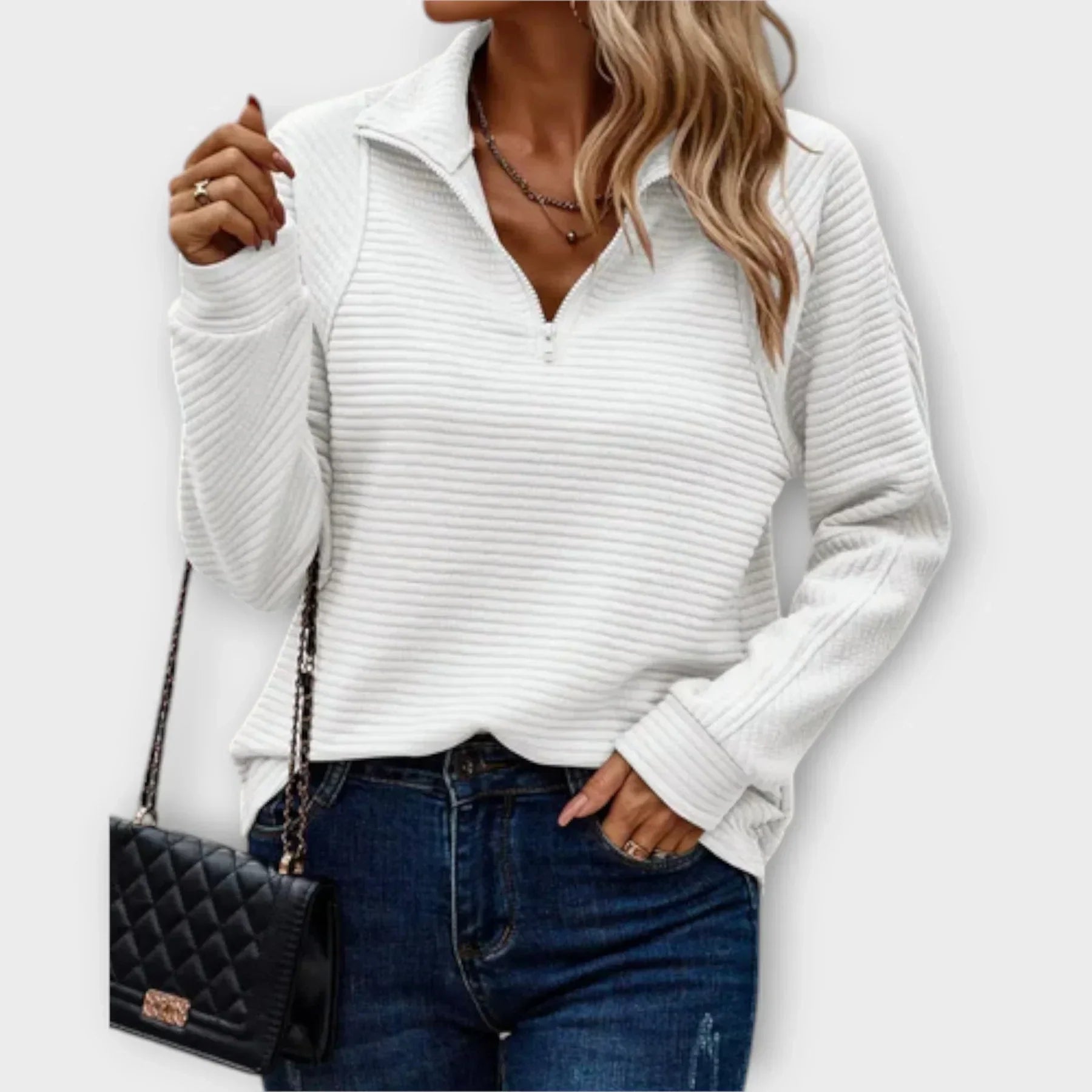 Women's ribbed half-zip pullover with mock neck