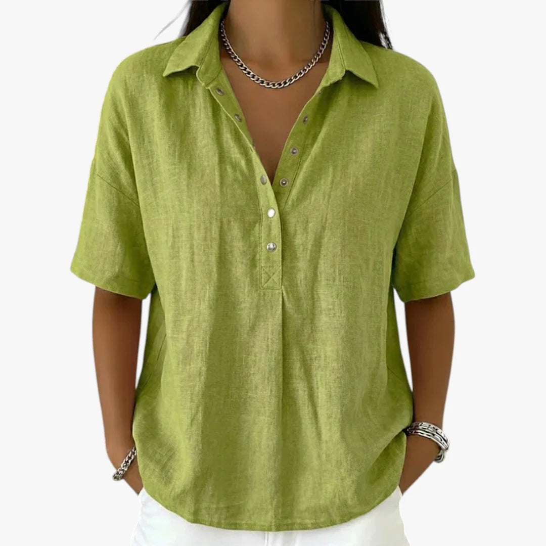 Women's oversized short sleeve collared shirt blouse with button placket