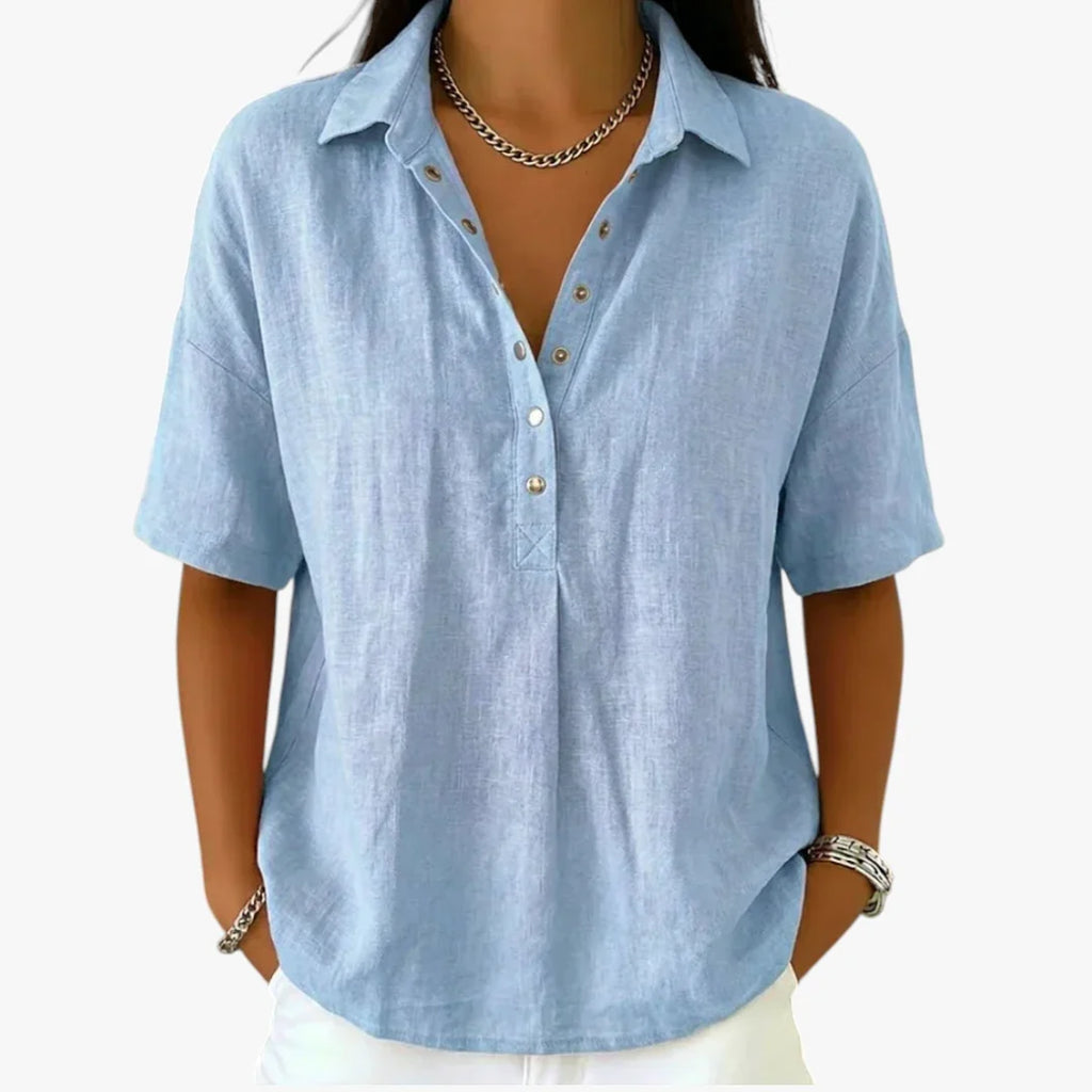 Women's oversized short sleeve collared shirt blouse with button placket