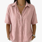 Women's oversized short sleeve collared shirt blouse with button placket