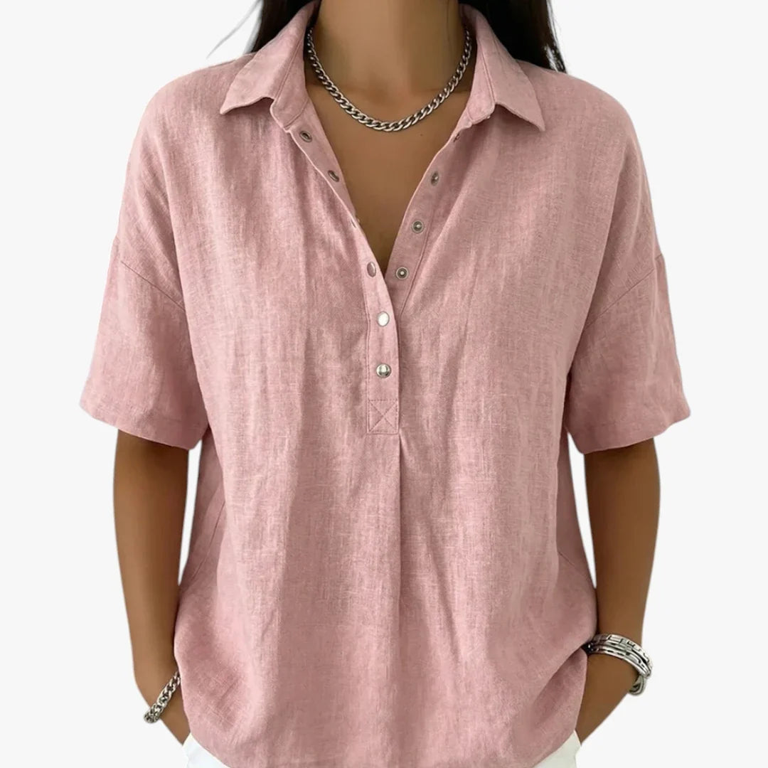 Women's oversized short sleeve collared shirt blouse with button placket