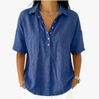 Women's oversized short sleeve collared shirt blouse with button placket