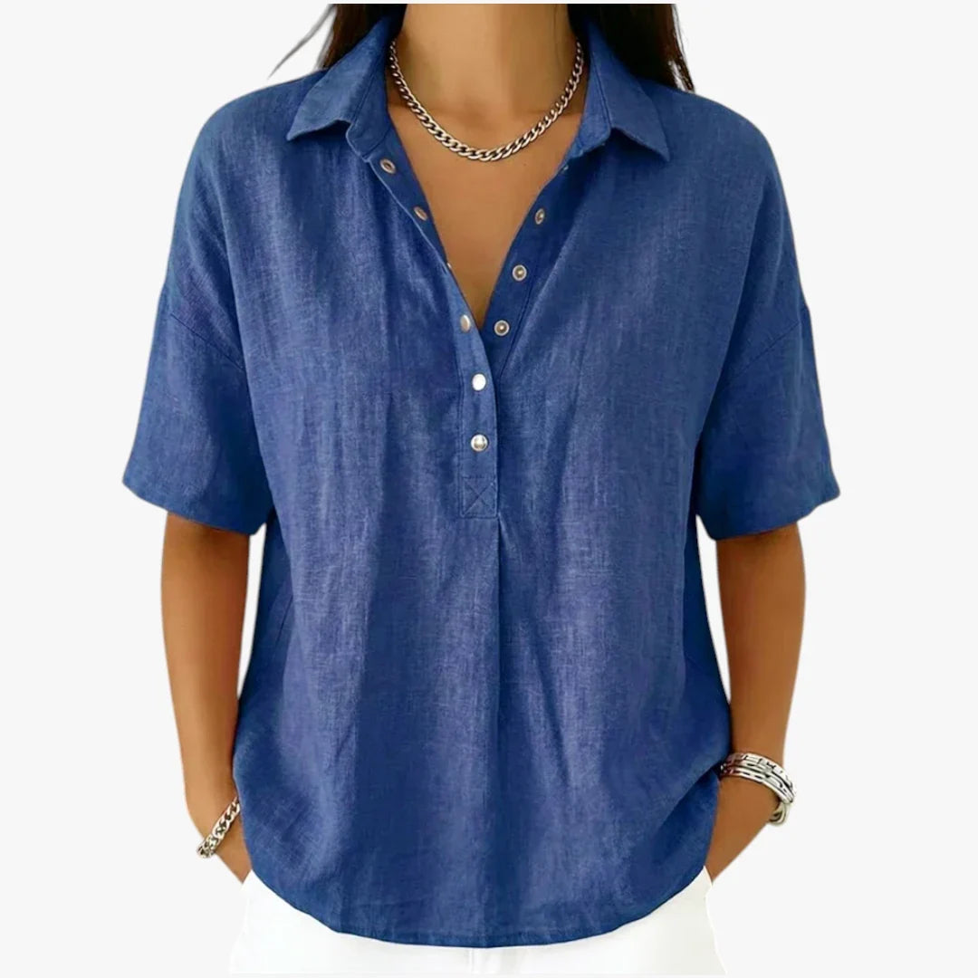 Women's oversized short sleeve collared shirt blouse with button placket