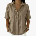 Women's oversized short sleeve collared shirt blouse with button placket