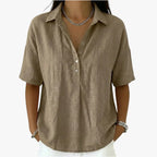 Women's oversized short sleeve collared shirt blouse with button placket