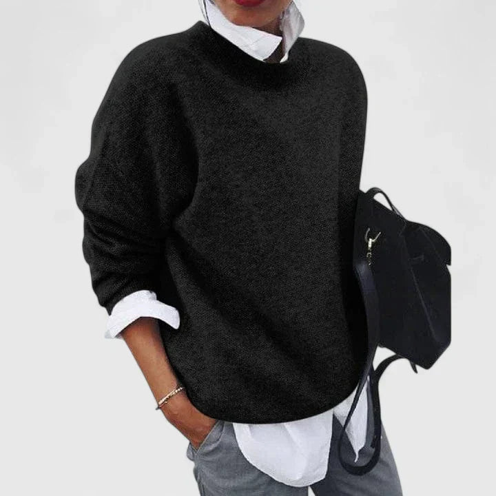 Women's relaxed crew neck sweater with long sleeves and ribbed trims