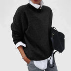 Women's relaxed crew neck sweater with long sleeves and ribbed trims