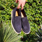 Black men's moccasin loafers with cream soles